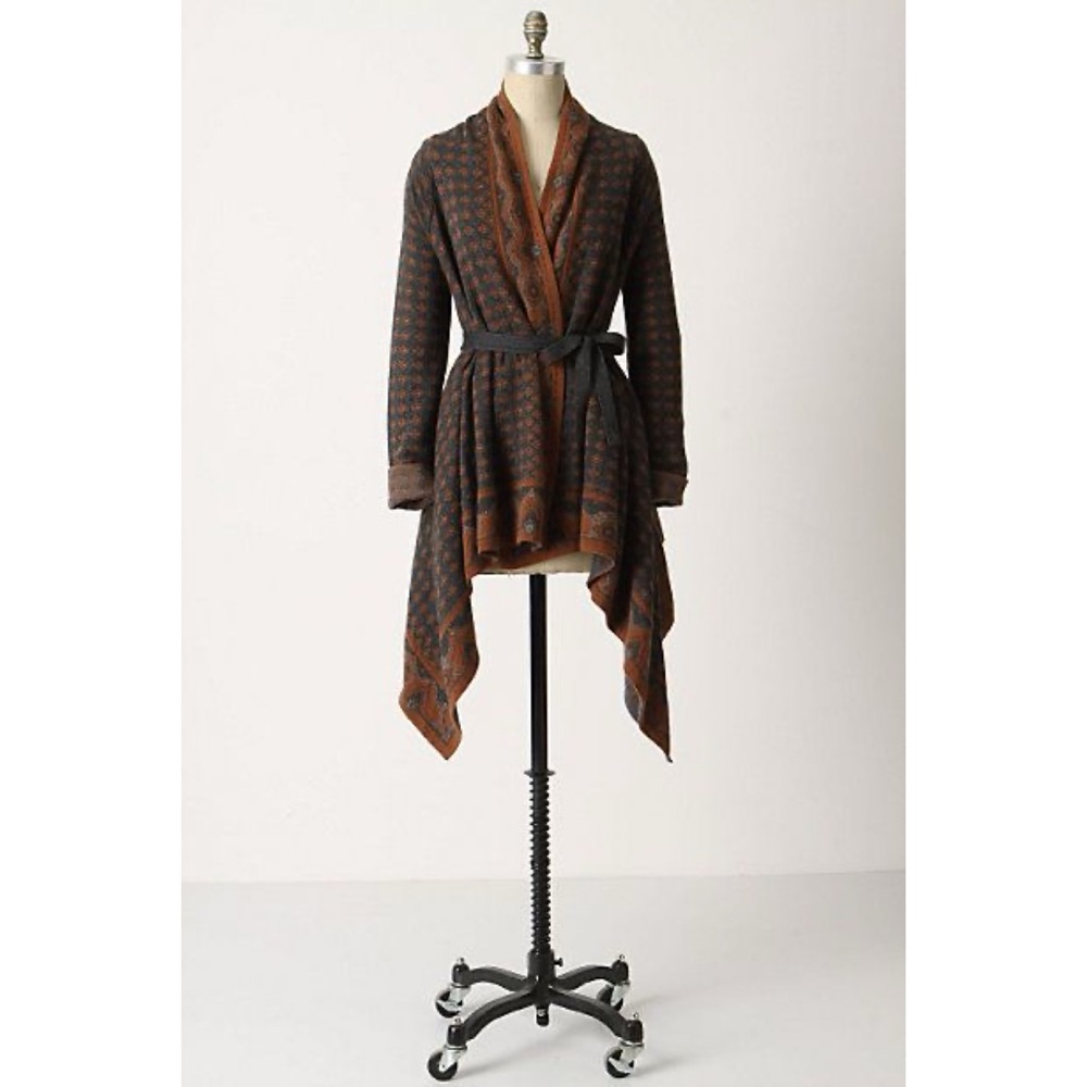 Anthropologie Field Flower Arras Belted Cardigan Sweater Brown Asymmetrical Boho